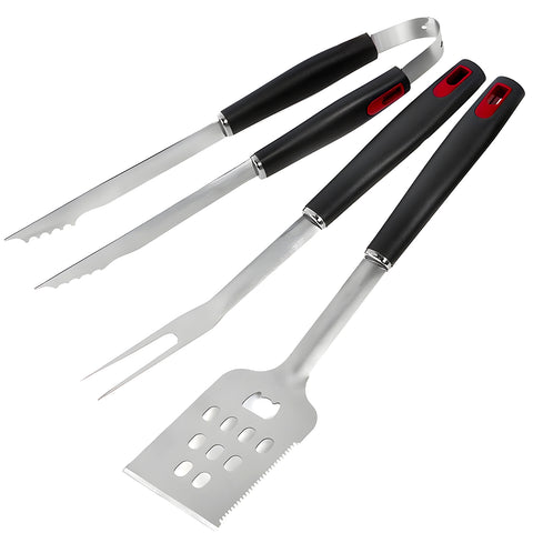 Set mit 3 Grillutensilien aus satiniertem Stahl: Zange, Pfannenwender, Gabel