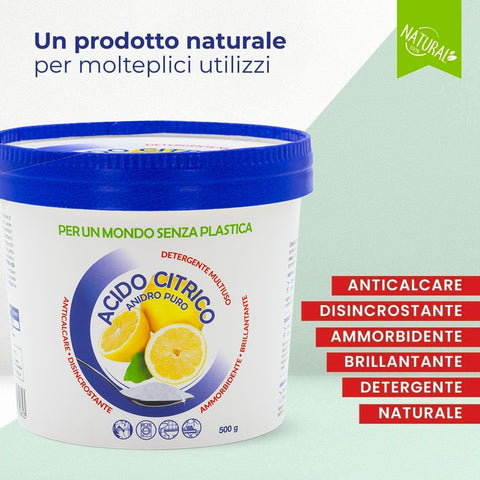 Packung mit 500 g reiner wasserfreier Zitronensäure von Smapiu, natürlicher Entkalker, Kalklöser und Weichspüler, Made in Italy