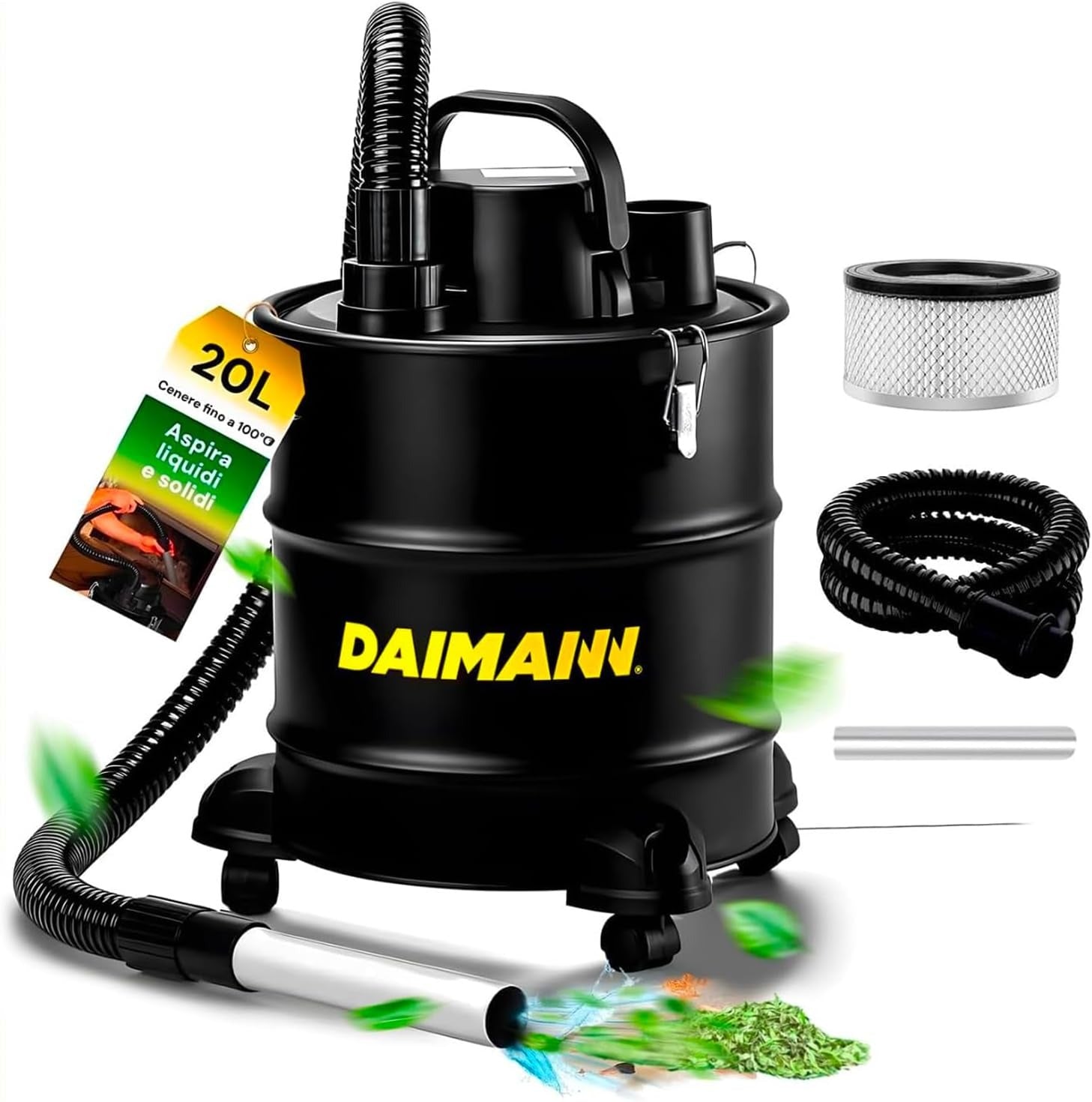 Daimann Aschesauger 20 l 800 W mit waschbarem HEPA-Filter, schwenkbaren Rollen, für Ofen, Grill und Kamin, mit flexiblem feuerfestem Stahlschlauch EAN-8056590070093