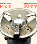 Flache 14-cm-Platte mit 50-mm-Brenner für eine stabile Flamme und gleichmäßiges Kochen, technisches Detail des Kochers