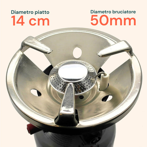 Flache 14-cm-Platte mit 50-mm-Brenner für eine stabile Flamme und gleichmäßiges Kochen, technisches Detail des Kochers