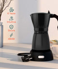 Schwarze elektrische DeMaison-Moka-Kanne für 6 Tassen mit den wichtigsten Eigenschaften: intuitiv, sicher und leistungsstark mit 480 W, elektrische Kaffeemaschine mit modernem Design für das tägliche Frühstück
