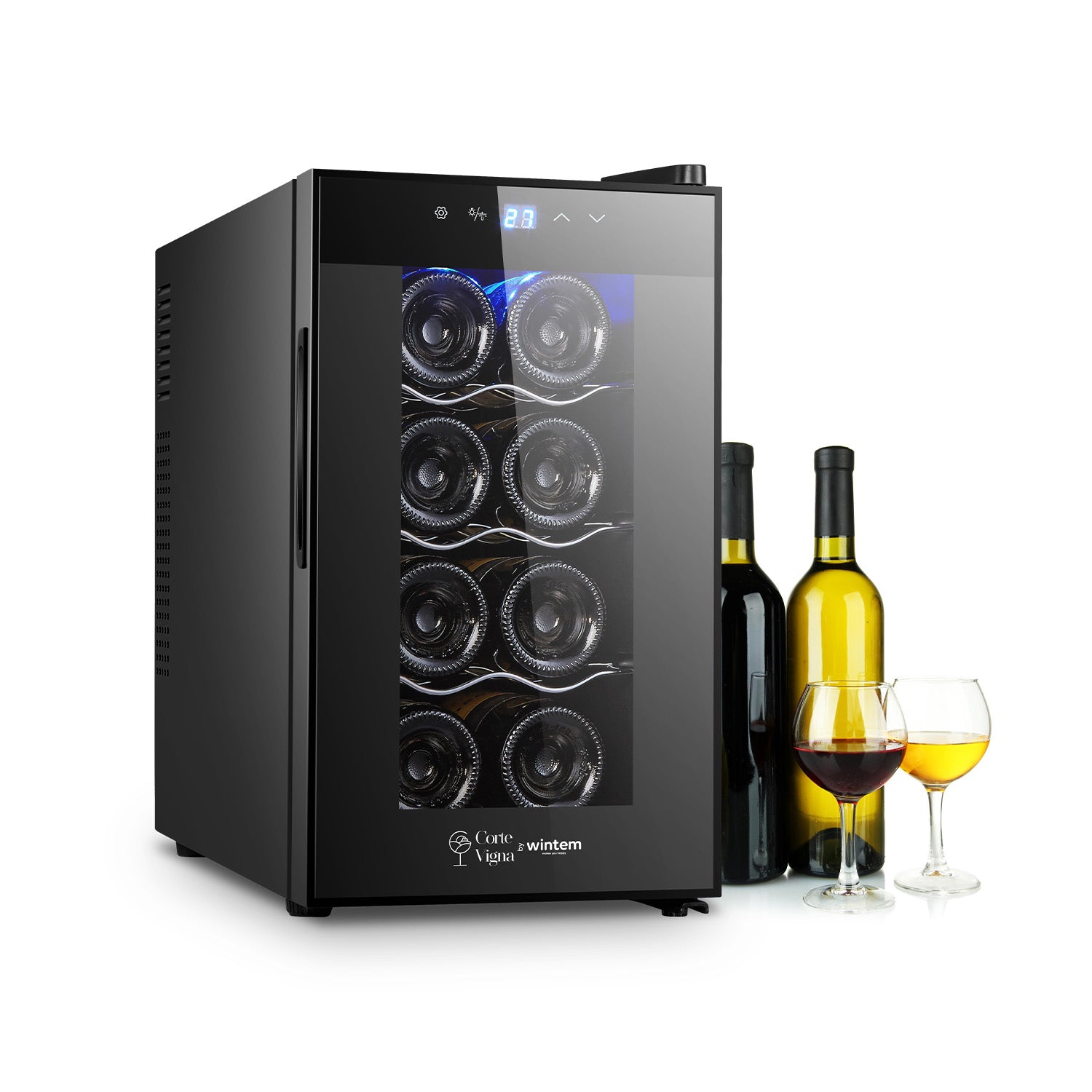 Corte Vigna Weinkühlschrank für 8 Flaschen, 25 Liter, mit Glastür, blauer LED-Beleuchtung und digitaler Temperaturregelung