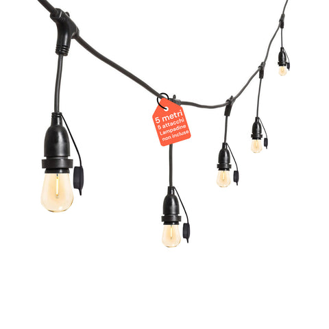 Lichterkette mit 5 E27-Lampenfassungen, 5 m, schwarz