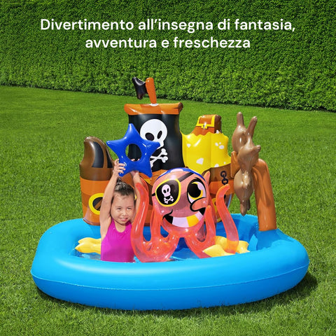 Aufblasbarer Pool in Form eines Piratenschiffs mit Spielen und Zubehör für Kinder, 140 x 130 cm, EAN-6942138934519
