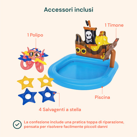 Aufblasbarer Pool in Form eines Piratenschiffs mit Spielen und Zubehör für Kinder, 140 x 130 cm, EAN-6942138934519