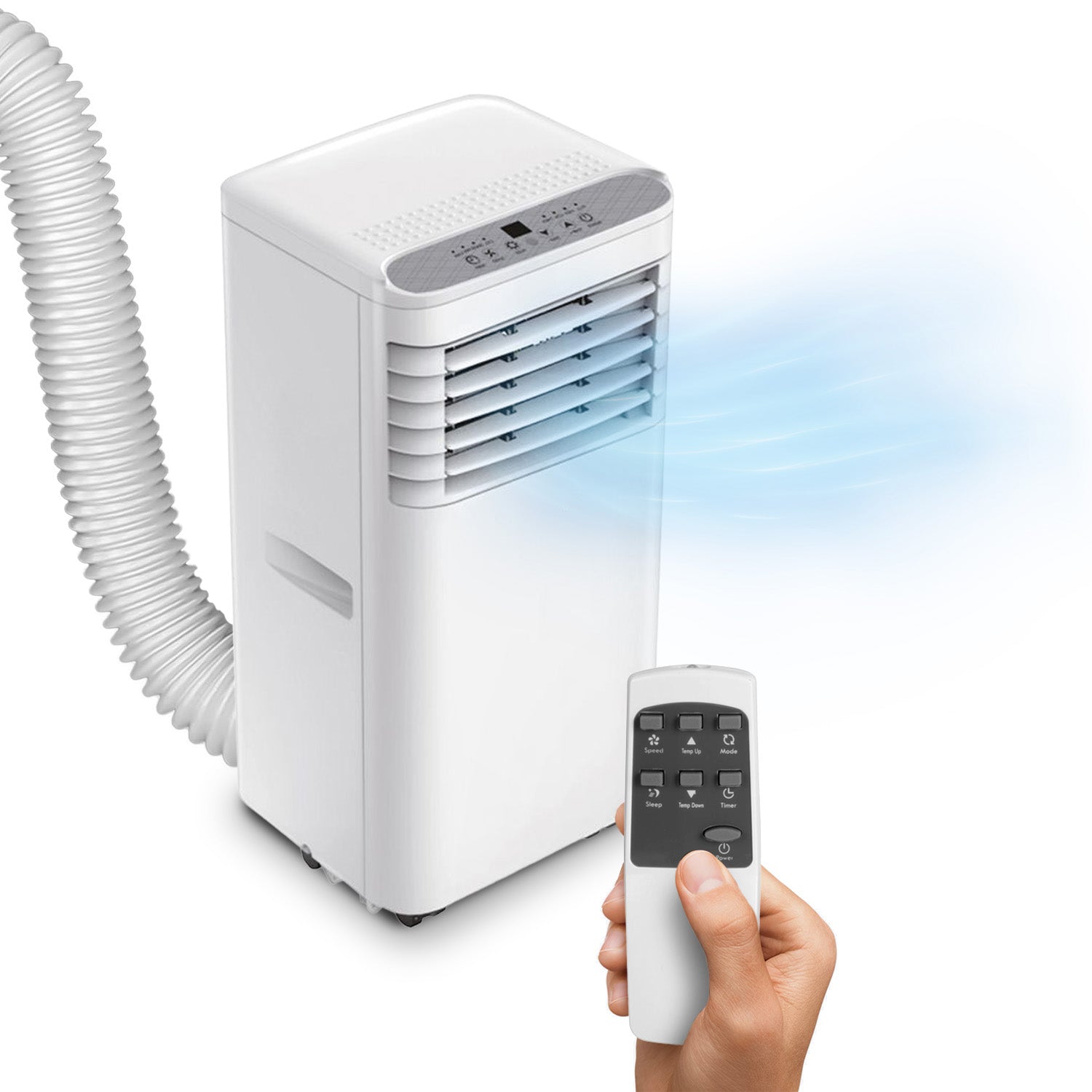 Weißes tragbares Chigo-Klimagerät mit 9000 BTU, Fernbedienung und Abluftschlauch, elegantes Design mit digitalem Bedienfeld