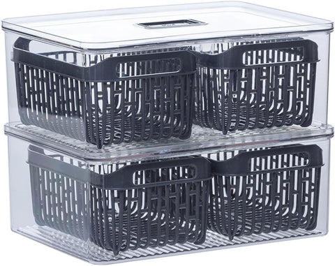 Zwei stapelbare Kühlschrankbehälter mit schwarzen Körben - platzsparender Tidy Organizer 32 cm für maximale Ordnung