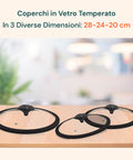 Deckel aus gehärtetem Glas in den 3 Größen 28 cm, 24 cm und 20 cm, hitzebeständig und vollständig transparent