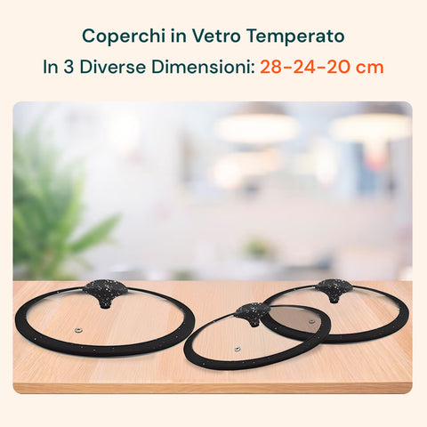 Deckel aus gehärtetem Glas in den 3 Größen 28 cm, 24 cm und 20 cm, hitzebeständig und vollständig transparent
