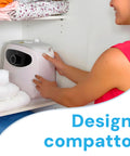 Kompaktes Design des vertikalen Wäschetrockners, die Frau stellt den Timer ein, perfekt für den Kleiderschrank und das moderne Zuhause