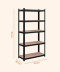 Regalabmessungen 180x90x40cm mit 5 Böden aus laminiertem MDF in Holzoptik, robuste Struktur aus schwarz lackiertem Stahl