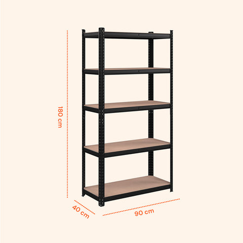 Regalabmessungen 180x90x40cm mit 5 Böden aus laminiertem MDF in Holzoptik, robuste Struktur aus schwarz lackiertem Stahl