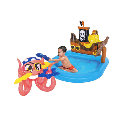 Aufblasbarer Pool in Form eines Piratenschiffs mit Spielen und Zubehör für Kinder, 140 x 130 cm, EAN-6942138934519