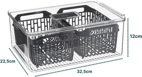 Doppelter Kühlschrankbehälter Tidy 32 x 22 cm mit hervorgehobenen Maßen - transparenter Organizer mit herausnehmbaren schwarzen Körben