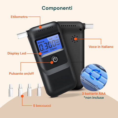 Digitales Alkoholmessgerät mit hervorgehobenen Komponenten: LCD-Display, Ein-/Aus-Taste, italienische Sprachausgabe, 5 Mundstücke und AAA-Batterien