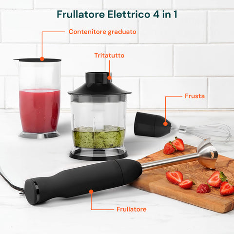 Elektrischer 4-in-1-Mixer mit Messbehälter, Zerkleinerer, Schneebesen und Mixer für vielseitige Zubereitungen
