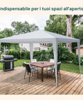 Ein auf einer Holzterrasse aufgestellter Pavillon mit Grill und Tisch, ideal für offene Außenbereiche