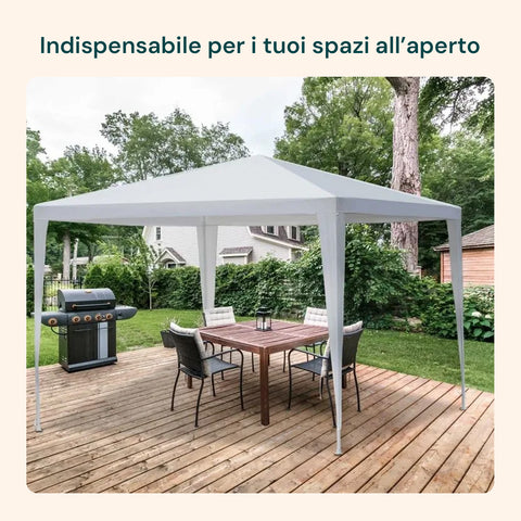 Ein auf einer Holzterrasse aufgestellter Pavillon mit Grill und Tisch, ideal für offene Außenbereiche