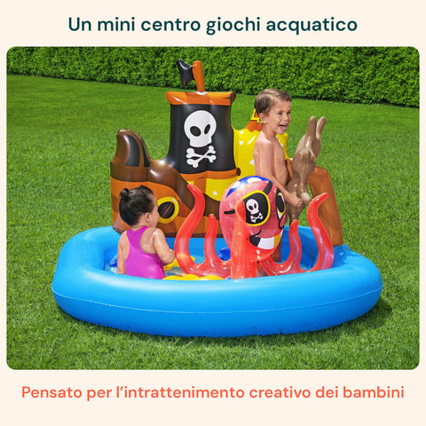 Aufblasbarer Pool in Form eines Piratenschiffs mit Spielen und Zubehör für Kinder, 140 x 130 cm, EAN-6942138934519