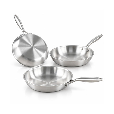 3-teiliges Set aus dreischichtigen Edelstahlpfannen 20-24-28 cm | Induktionsgeeigneter Boden, für alle Herdarten geeignet, PFAS-frei und backofengeeignet