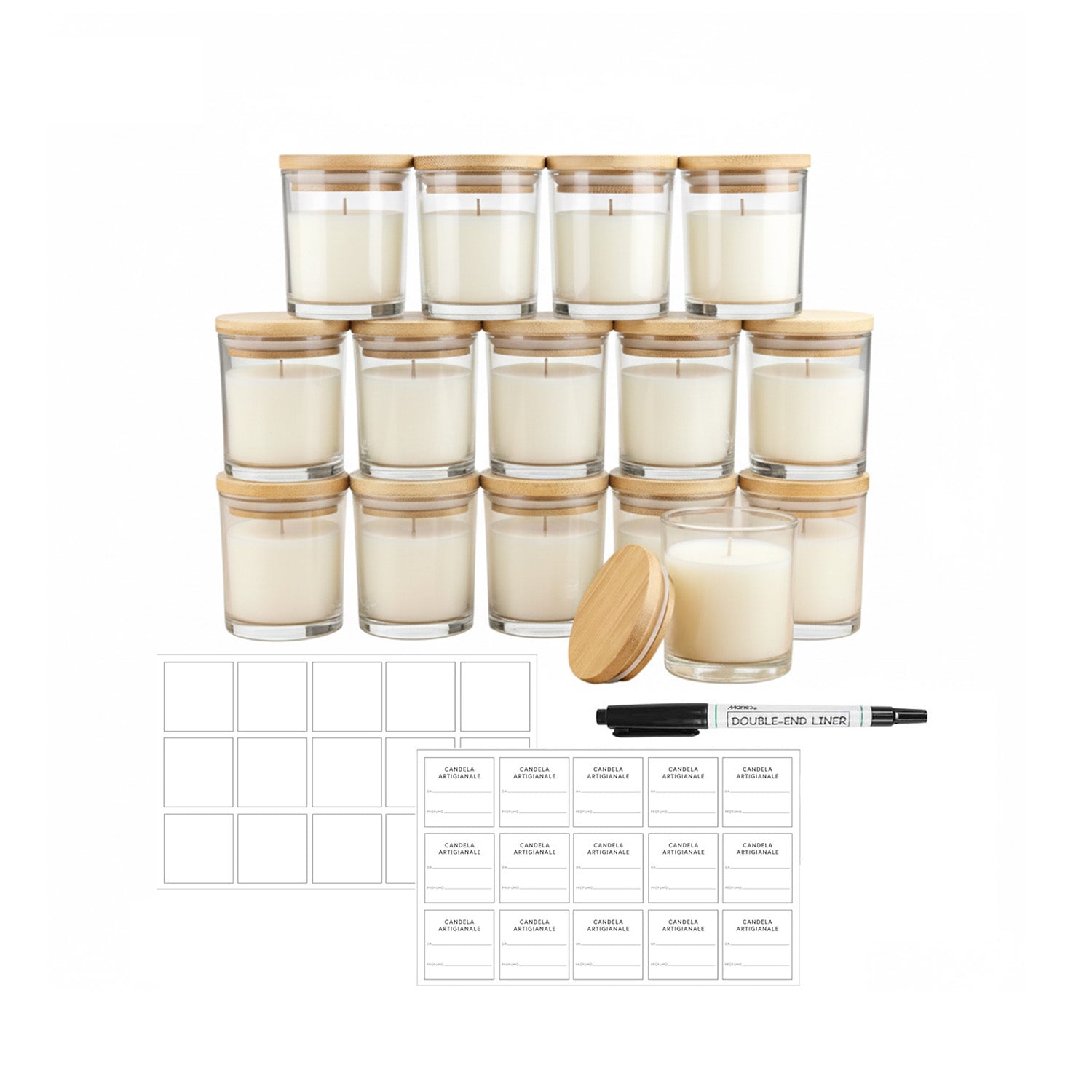 Avilia Set mit 15 Glasbehältern für Kerzen 170 ml mit Bambusdeckel EAN 8056819053593