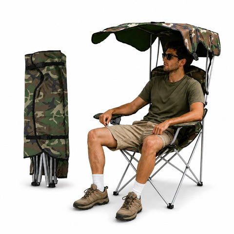 Zusammenklappbarer Campingstuhl mit Sonnendach – Gestell aus Kohlenstoffstahl, Tragfähigkeit 120kg – Strapazierfähiges Oxford-Gewebe – Maße 53x77x130cm – Platzsparend mit Tragetasche