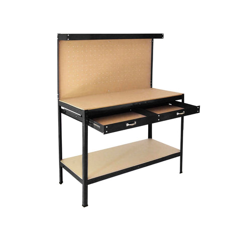 Werkbank aus Stahl mit 2 Ablagen und 1 Schublade, Rückwand aus MDF 150x120x60cm