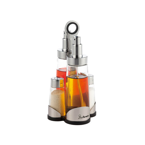 5-teiliges Set für Öl und Essig/Salz und Pfeffer aus Glas und Edelstahl, 200/60 ml, silber