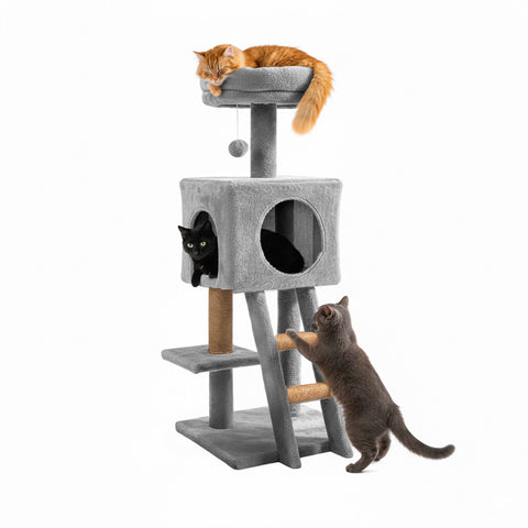 Kratzbaum für Katzen, 92 cm, mit Schlafplatz, Leiter und Spielzeug