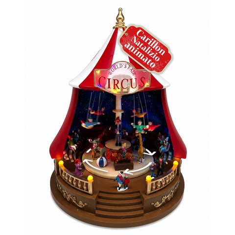 Animiertes Weihnachtskarussell CircusJoy mit LED-Lichtern und Musik, Zirkuszelt Ø34 x H44 cm aus Kunststoff, drehende Szene, USB- oder Batteriebetrieb