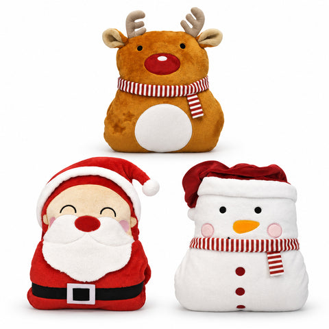 Weihnachtliches Kissen mit Plaid 60x90 cm und Handwärmer, 3-in-1, sortiert