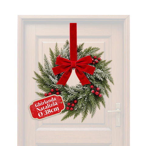 Weihnachtskranz mit 38 cm Durchmesser, roter Schleife und Beeren, Schnee-Effekt