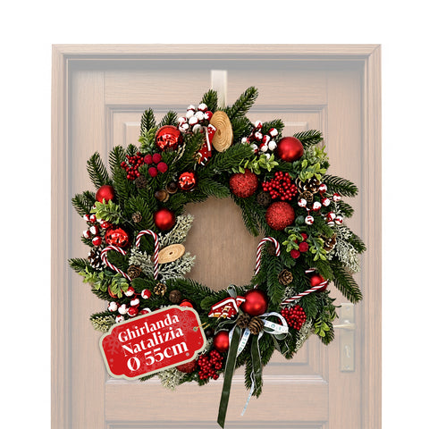 Weihnachtskranz 55 cm mit Zapfen und roten Beeren, formbaren Zweigen