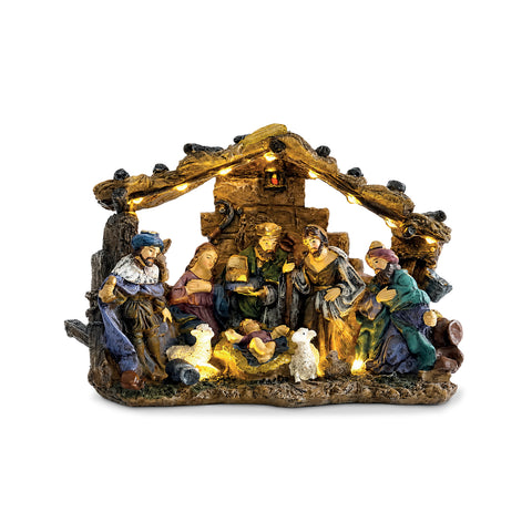 saint joy holyglow presepe nativita in poliresina con luci led e interruttore onoff capanna rustica e base stabile 23x115x17 cm ean 8050043127761