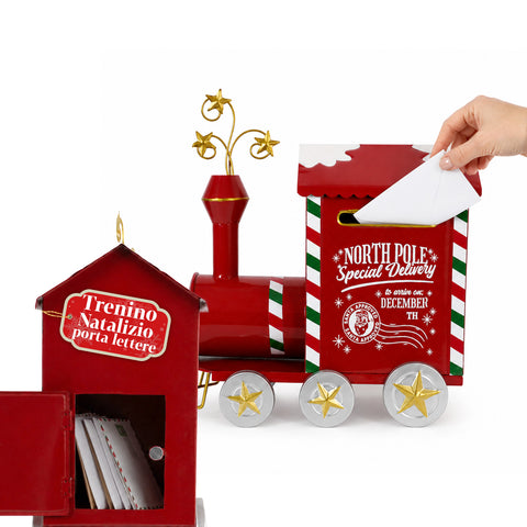 JingleRail, weihnachtlicher Metall-Zug als Briefkasten, hintere Klappe, großes Fassungsvermögen, Maße 28x16x36 cm
