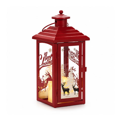 Leuchtende Weihnachtslaterne mit Batteriebetrieb, 12x12x28 cm, mit Rentieren