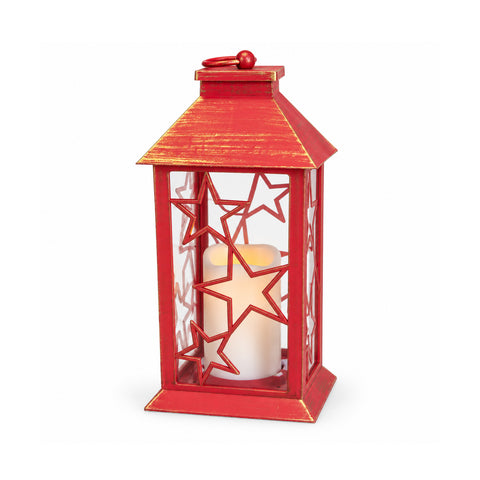 Rote LED-Weihnachtslaterne 30 cm, Kerze mit Flammeneffekt, zum Aufhängen oder Aufstellen, 14x14x30 cm, 2 verfügbare Dekore: Sterne oder Schneeflocken