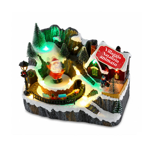 LitVille beleuchtetes LED-Weihnachtsdorf mit fahrendem Zug und sich drehendem Weihnachtsmann, 8 Weihnachtsmelodien, 23x15x18 cm, batteriebetrieben