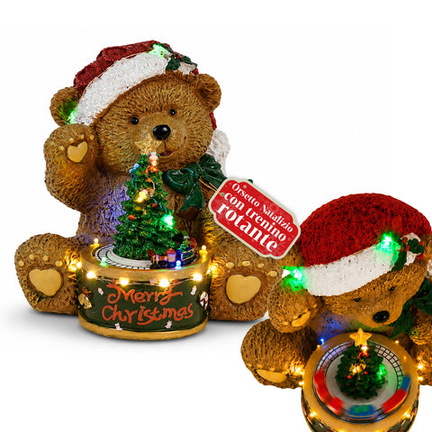 Leuchtender Weihnachtsteddybär mit rotierendem Zug und Spieluhr, Teddy XMAS Bear Station, LED-Weihnachtsdekoration aus Polyresin, 20,5 cm