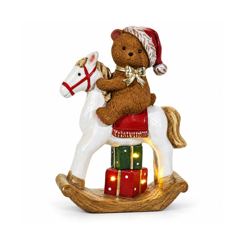 Leuchtender Teddybär auf Schaukelpferd mit LED, Dekoration H40 cm