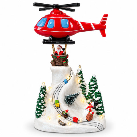 Weihnachtliche Landschaft mit fliegendem Weihnachtsmann, LED-Lichtern und Musik