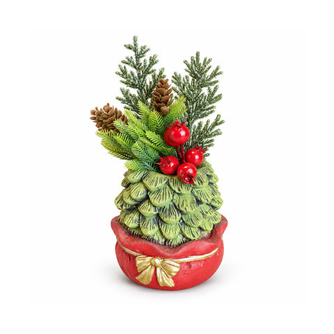 Ornamentaler Miniaturbaum 20 cm, weihnachtliche Tischdekoration mit Tannenzapfen, roten Beeren und erhabenem Schleifenmotiv, 2 Varianten in Rot und Gold