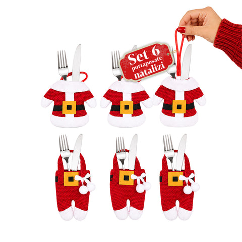 Weihnachtliche Bestecktaschen im Weihnachtsmann-Design, 6-teiliges Set aus Vliesstoff und Polyester