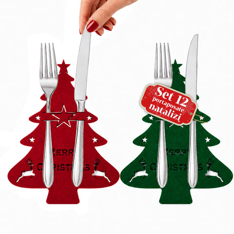 Weihnachtliche Bestecktaschen aus Stoff, 12er-Set in Tannenbaumform