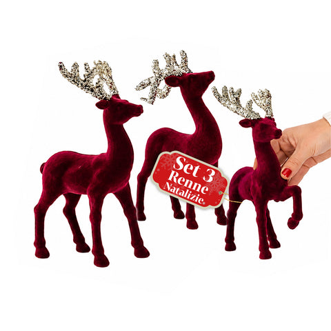 Weihnachts-Rentiere aus rotem Samt, 3-teiliges Set, Tischdekoration