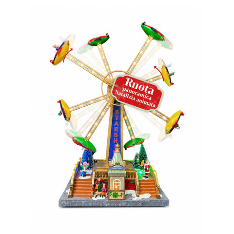 Weihnachts-Riesenrad SkyWheel mit LED-Lichtern, Melodien und doppelter Drehung, Dorf mit Fahrkartenschalter und Figuren, 47,7 cm