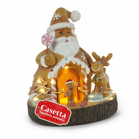 Santa Ginger - Weihnachtsdekoration Weihnachtsmann-Lebkuchenfigur Santa Ginger mit LED-Lichtern, Musik und zu öffnender Tür, beleuchtetes Häuschen aus Kunstharz, 20,6 cm