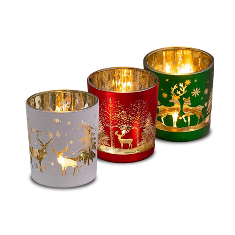 Set aus 3 dekorativen Kerzenhaltern in limitierter Weihnachtsedition aus Glas