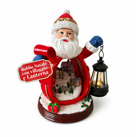 Weihnachtsmann-Figur mit Dorf und Laterne aus Kunstharz, 16x19 cm